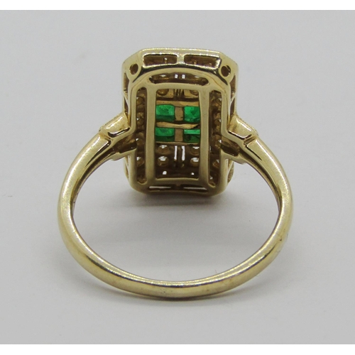 1303 - Art Deco style 14ct emerald and diamond panel ring, size K/L, 3.6g