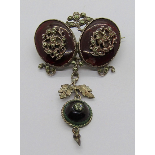 1311 - Austro-Hungarian white metal brooch with foiled red ground and detachable drop (af)