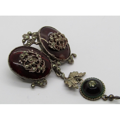 1311 - Austro-Hungarian white metal brooch with foiled red ground and detachable drop (af)