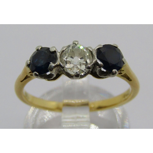 1325 - 18ct topaz and diamond three stone ring, diamond 0.25cts approx, size M/N, 3.2g