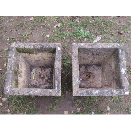 2004 - A pair of weathered cast composition stone square tapered garden planters with repeating relief plum... 