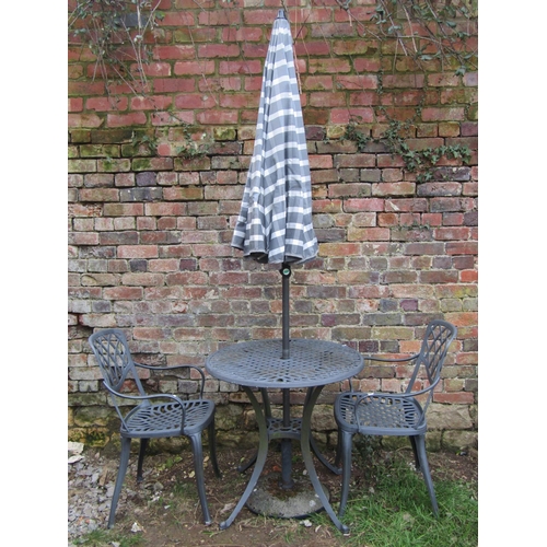 2044 - A contemporary grey painted light steel three piece garden terrace set with lattice detail, complete... 