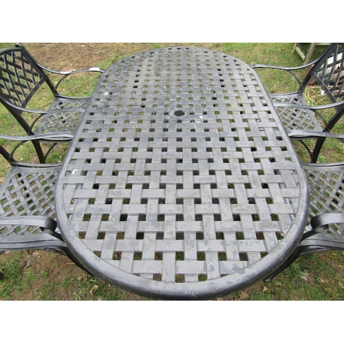 2054 - A painted cast alloy D end garden table with pierced lattice top, 180 cm x 106 cm together with a se... 