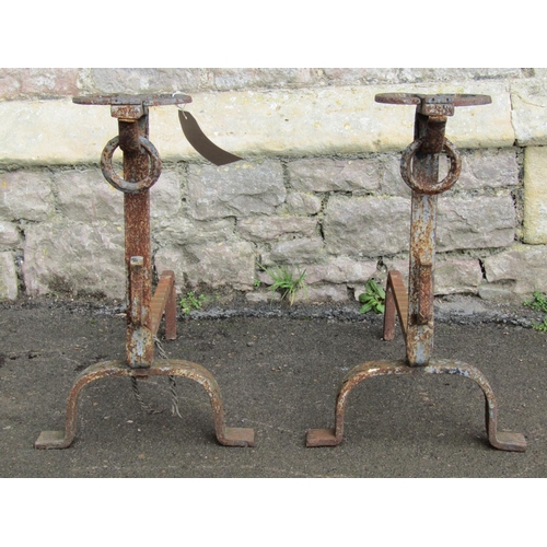 2065 - A cast iron fire grate and loose dogs with brass finials and scrolled supports, together with a furt... 