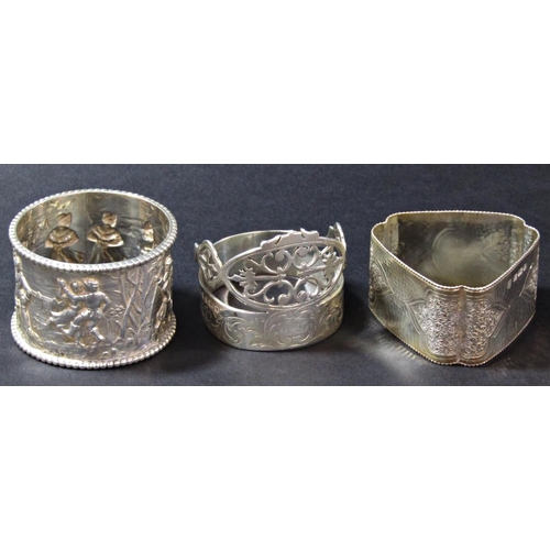 1196 - A mixed selection of silver and silver plate, including three silver napkin rings, two plated ladles... 