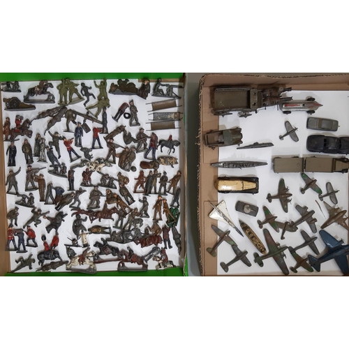 335 - Collection of early lead painted toy soldiers, most by Britians, together with Dinky vehicles and le... 