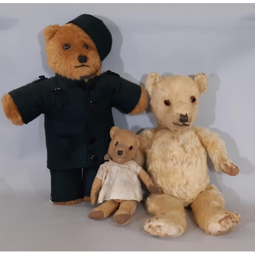 343 - 3 teddy bears including a mid 20th century Chiltern type bear with stitched nose, mouth and claws, a... 