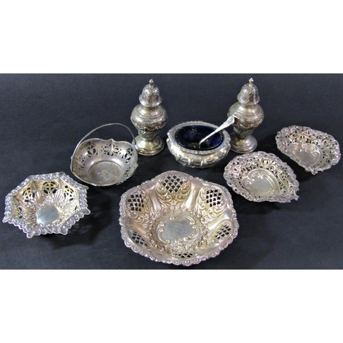 1222 - Five silver sweetmeat dishes of various shapes and sizes and a three piece condiment set including s... 