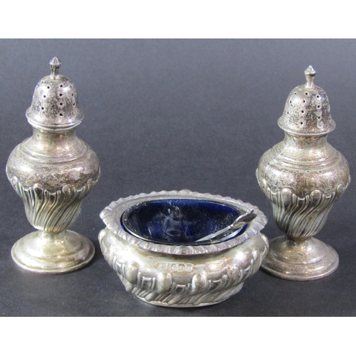 1222 - Five silver sweetmeat dishes of various shapes and sizes and a three piece condiment set including s... 