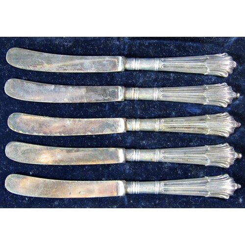 1223 - A cased set of six condiments, seven pieces in total (AF), a cased set of five butter knives, a case... 