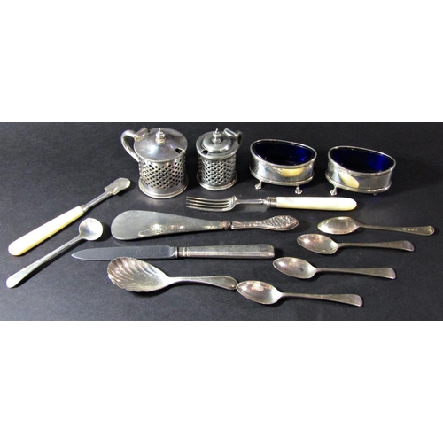 1225 - Two silver oval salts, four teaspoons, mustard spoon, together with a silver handled shoe horn and a... 