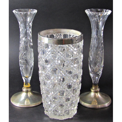 1226 - A pair of cut glass single stem vases with silver bases, Birmingham 1981, maker Broadway & Co (small... 