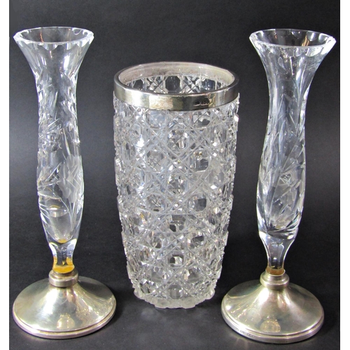 1226 - A pair of cut glass single stem vases with silver bases, Birmingham 1981, maker Broadway & Co (small... 