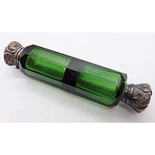 1417 - A Victorian green glass twin end scent with embossed silver mounts, a further 19th century continent... 