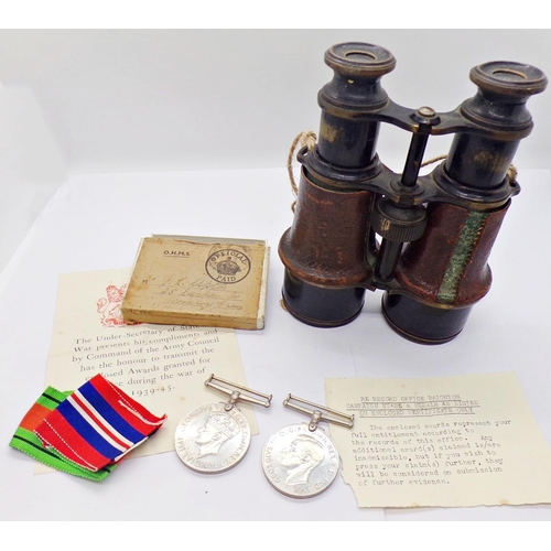 1421 - A pair of WWI military binoculars, together with WWII defence medal,  39-45 War Medal