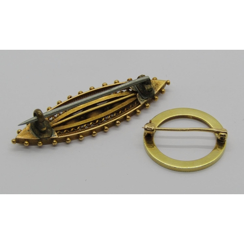 1277 - 14k hoop brooch, 1.5g and a further antique yellow metal marquise shaped brooch with beaded and flor... 