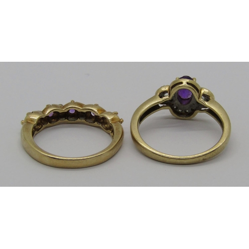 1279 - Two 9ct amethyst and diamond dress rings, 5.6g total