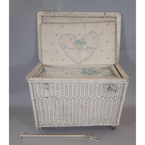 370 - Vintage wicker trunk with satin lining, castors and internal removable shelf, filled with baby cloth... 