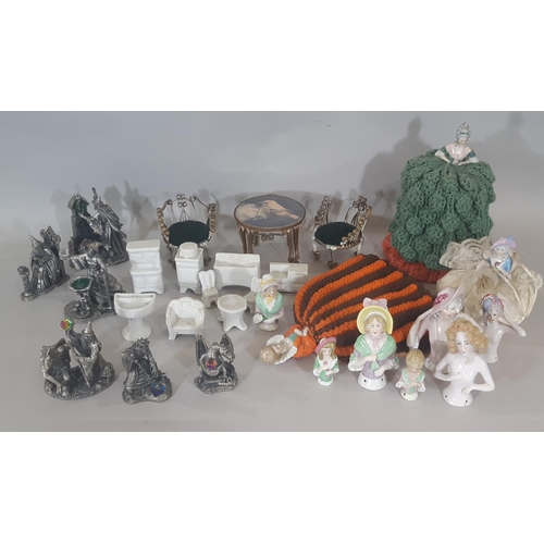 365 - Mixed lot including 10 china half dolls (circa 1920's), white ceramic dolls house furniture plus lar... 