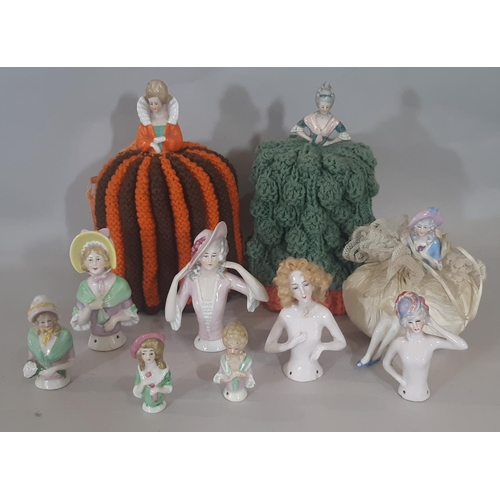 365 - Mixed lot including 10 china half dolls (circa 1920's), white ceramic dolls house furniture plus lar... 