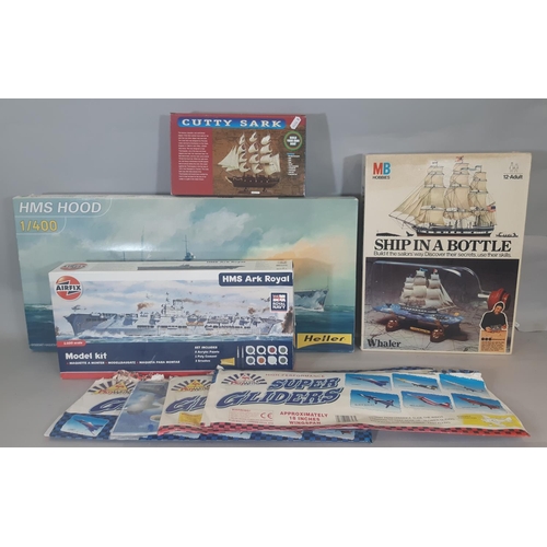 337 - Modelling kits including Airfix Ark Royal, HMS Hood by Heller and kit for the Cutty Sark (these 3 ap... 