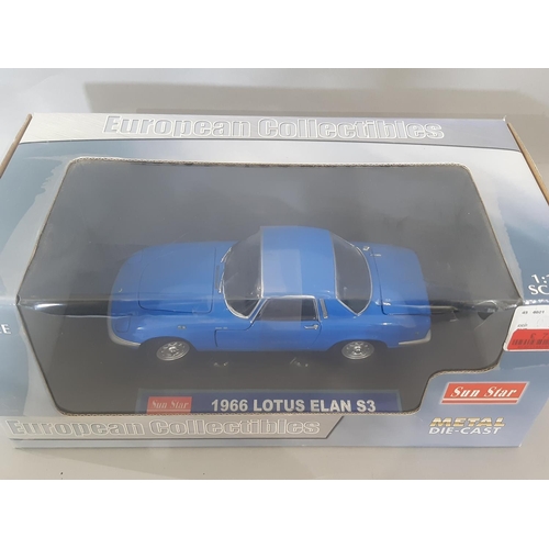 353 - 3 boxed 1:18 scale model cars comprising Sun Star Lotus Elise 111S and 1966 Lotus Elan S3 (both with... 