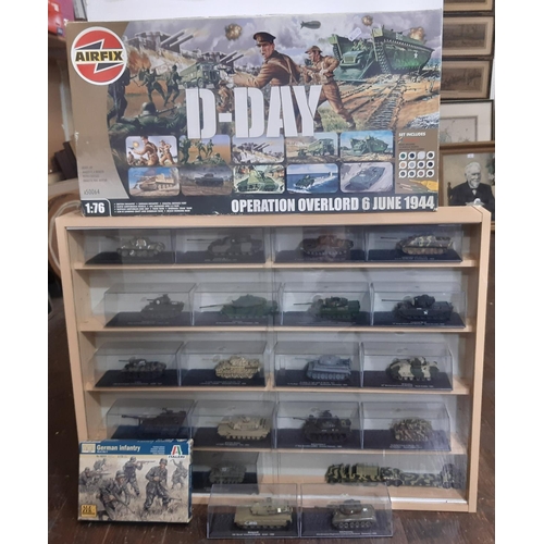 360 - Collection of 20 model military tanks in perspex boxes, in a wooden wall mounted display unit togeth... 