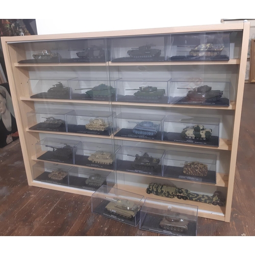 360 - Collection of 20 model military tanks in perspex boxes, in a wooden wall mounted display unit togeth... 