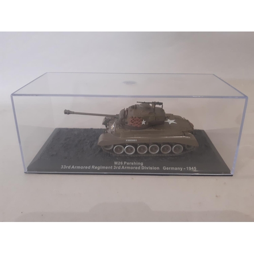 360 - Collection of 20 model military tanks in perspex boxes, in a wooden wall mounted display unit togeth... 