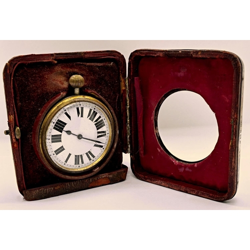 1381 - A silver mounted travelling watch case holding a silver plated cased watch with enamelled dial, the ... 