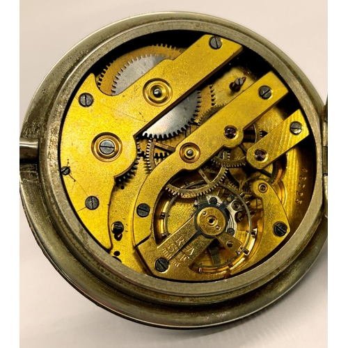 1381 - A silver mounted travelling watch case holding a silver plated cased watch with enamelled dial, the ... 