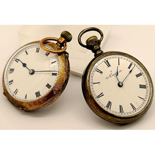 1386 - 9 carat gold fob watch with engine turned detail and enamelled dial, together with a further silver ... 