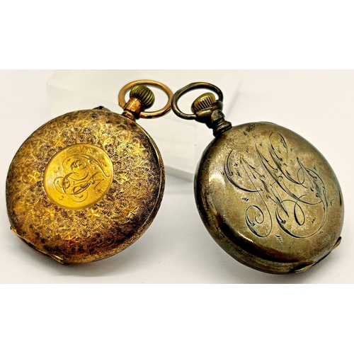 1386 - 9 carat gold fob watch with engine turned detail and enamelled dial, together with a further silver ... 