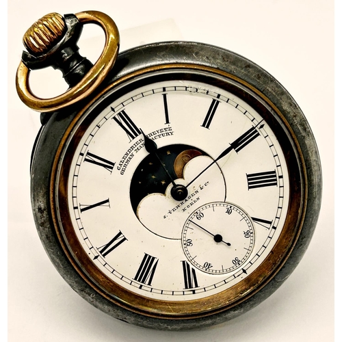 1388 - A 19th century German pocket watch in gun metal case with enamelled dial, with secondary dial and ro... 