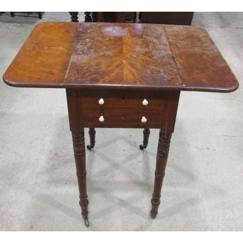 2185 - A small 19th century mahogany drop leaf table with two real and two dummy frieze drawers raised on r... 