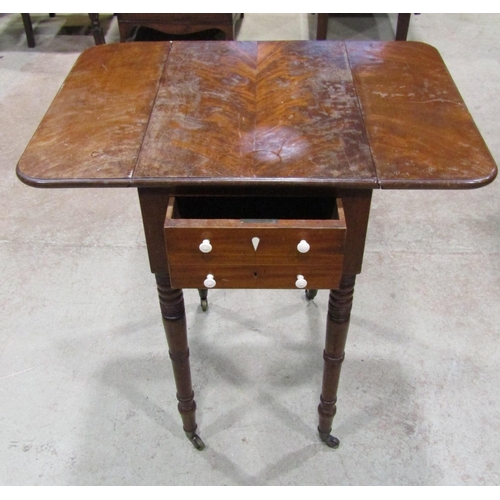 2185 - A small 19th century mahogany drop leaf table with two real and two dummy frieze drawers raised on r... 