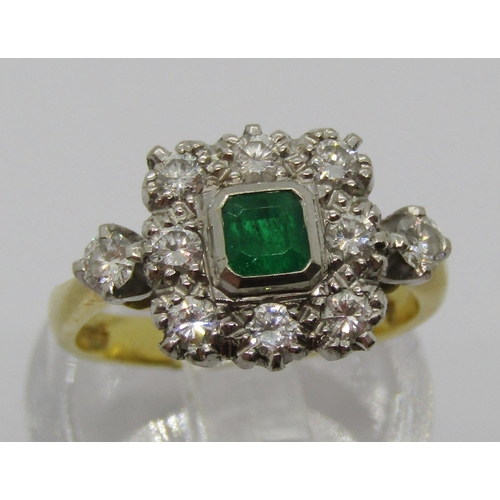 1332 - 1980s 18ct emerald and diamond square cluster ring, the bezel set emerald 3 x 3mm approx, size J, 4g