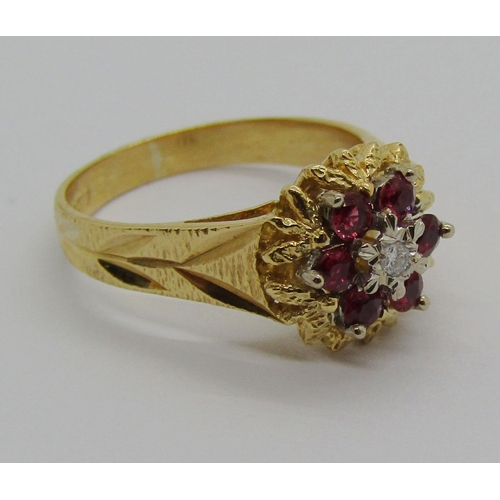 1337 - Vintage 18ct ruby and diamond cluster ring, size M/N, 4.7g