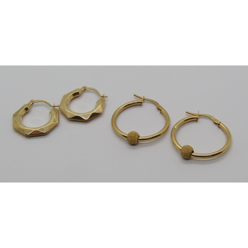 1340 - Pair of 9ct hoop earrings with frosted finish beads, plus a further 9ct pair, 2.6g total