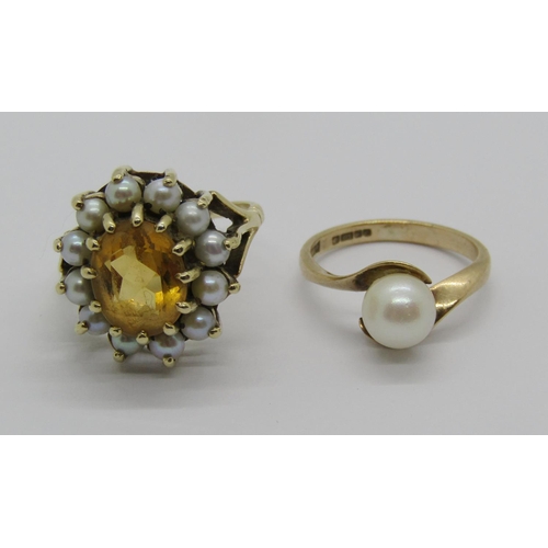 1341 - 9ct citrine and pearl cluster ring, size N and a further 9ct pearl crossover ring, size H/I, 7.2g to... 