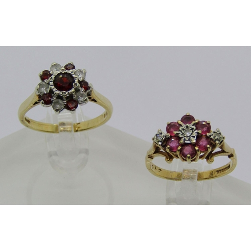 1343 - Two 9ct gem cluster rings; a ruby and diamond example and a garnet example, 5.7g total