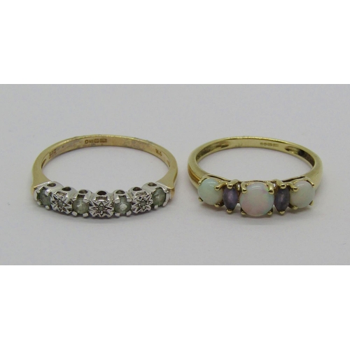 1344 - Two 9ct dress rings; a cabochon opal and amethyst example and a seven stone aquamarine and diamond e... 