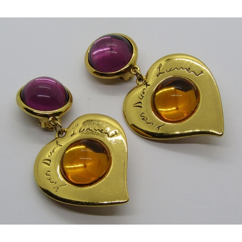 1355 - Yves Saint Laurent pair of heart shaped drop earrings set with amethyst and amber coloured cabochons... 