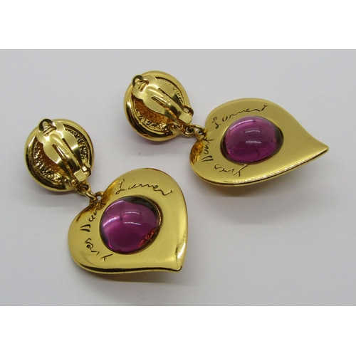 1355 - Yves Saint Laurent pair of heart shaped drop earrings set with amethyst and amber coloured cabochons... 