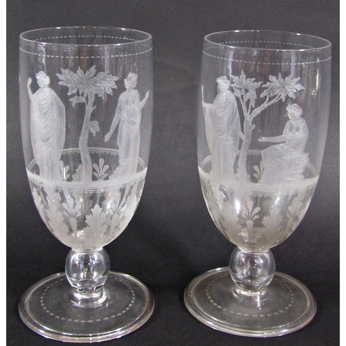 1137 - Two 19th century cordial glasses engraved with two classical figures flanking a single tree, 16cm hi... 