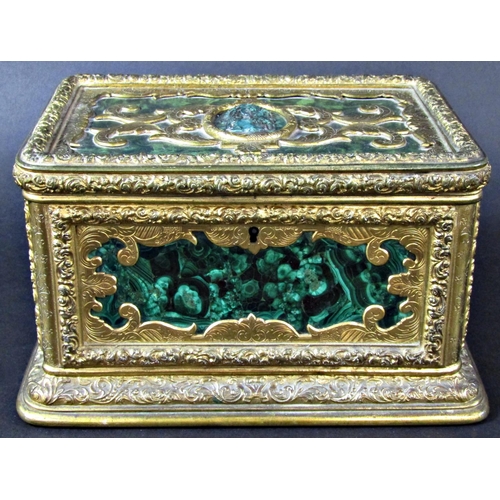 1430 - A fine quality antique casket, the engraved gilded framework enclosing malachite panels, to the cent... 