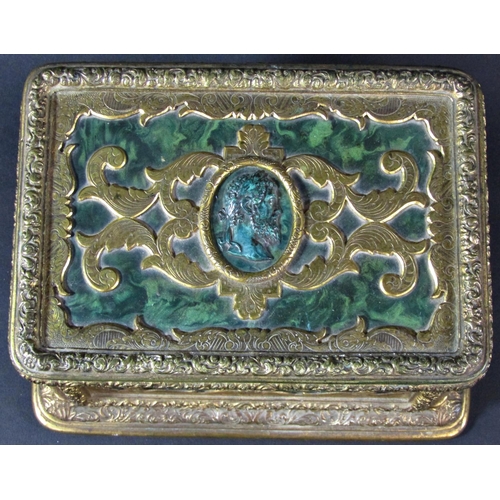 1430 - A fine quality antique casket, the engraved gilded framework enclosing malachite panels, to the cent... 