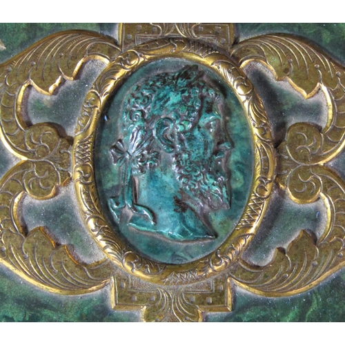 1430 - A fine quality antique casket, the engraved gilded framework enclosing malachite panels, to the cent... 