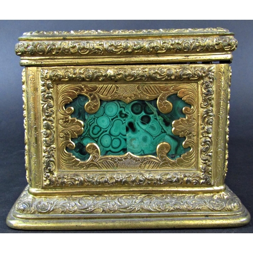 1430 - A fine quality antique casket, the engraved gilded framework enclosing malachite panels, to the cent... 