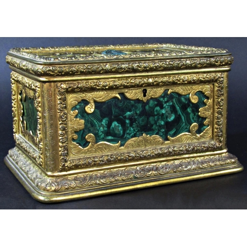 1430 - A fine quality antique casket, the engraved gilded framework enclosing malachite panels, to the cent... 